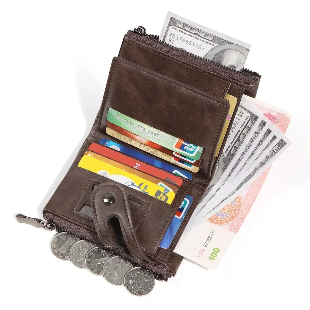 Classic Retro Men's Chain Wallet RFID Anti-Theft Men's Leather Wallet Double Zipper Coin Purse Credit Card Holder for Men