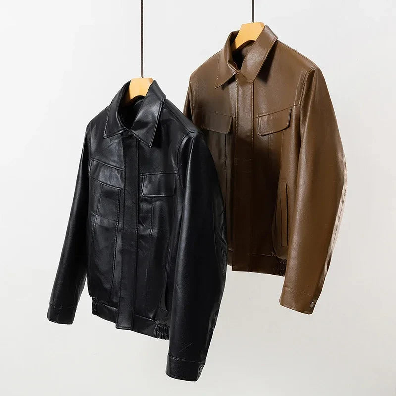 Men's Faux Leather Bomber Jacket Motorcycle Lapel Zip-Up Biker Coat Vintage Streetwear Black Brown Jacket