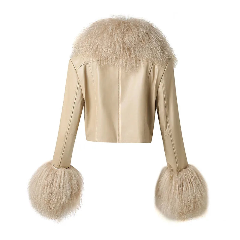 2025A Women's Genuine Leather Jacket Ladies Sheepskin Leather Jacket With Real Lamb Fur Collar Cuff FG40732