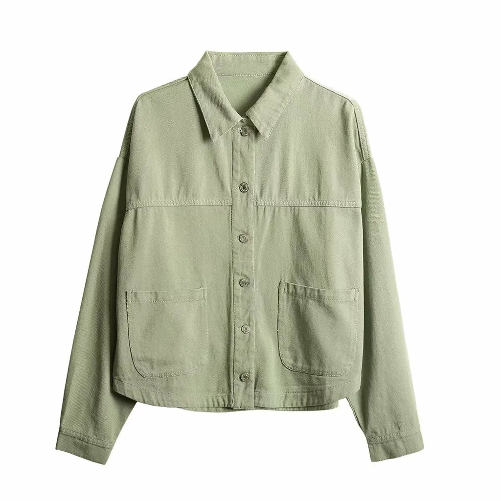 2024 ZAR4 Summer New Women's Loose Casual Lapel Long sleeved Patch Bag Decoration denim jacket jacket