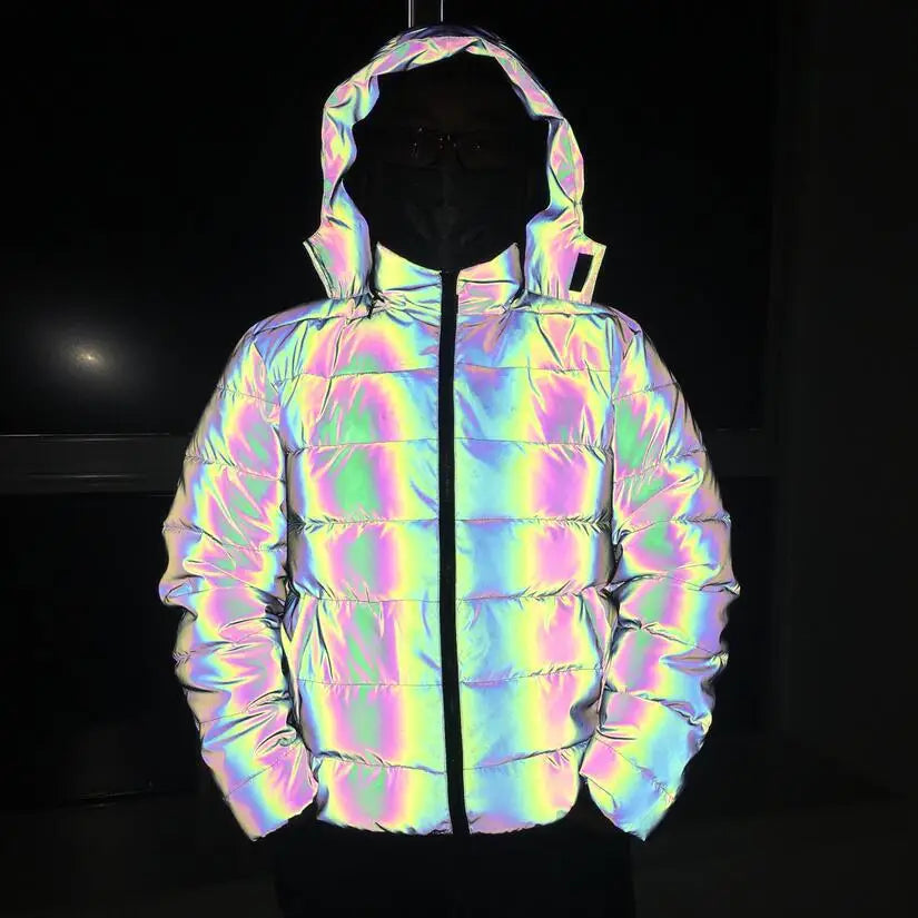 2024 fall and winter reflective jacket men's women's cotton padded reflective jacket Y2K fashion thickened warm down cotton coat