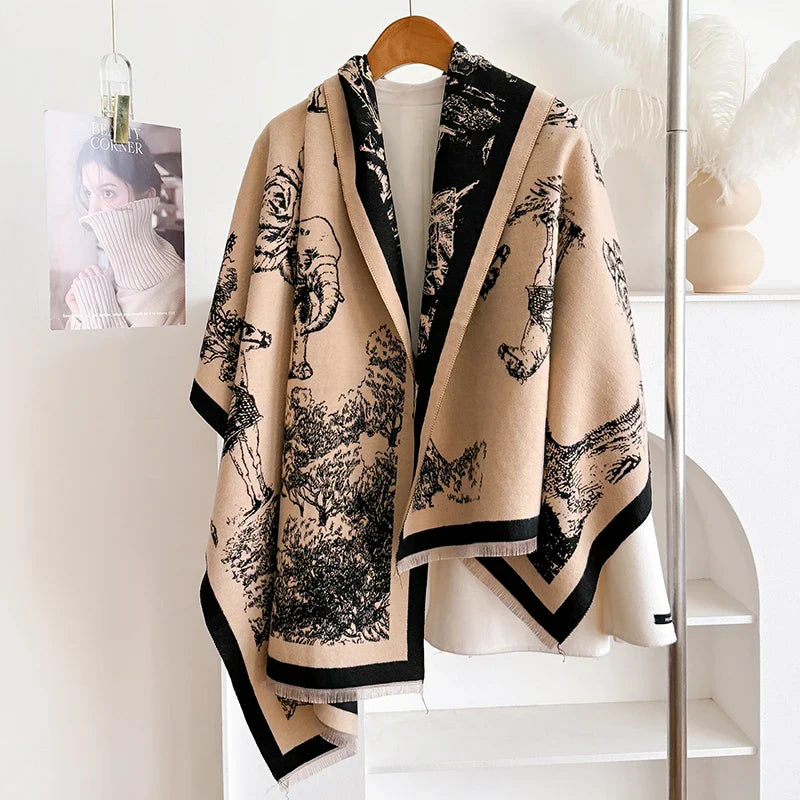 New Winter Thick Wraps Warm Elephant and Horse Pattern Scarf Female Cashmere Shawl Bufanda Women's Thickening Tassels Blanket