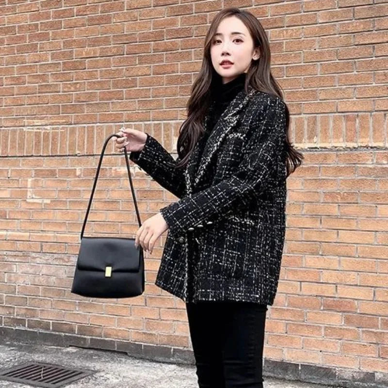 Plaid Tweed Blazer Jacket Woman Outerwear Winter Women's Coat 2024 Clothing Vintage Luxury Designer Clothes Fashion Coats Heavy