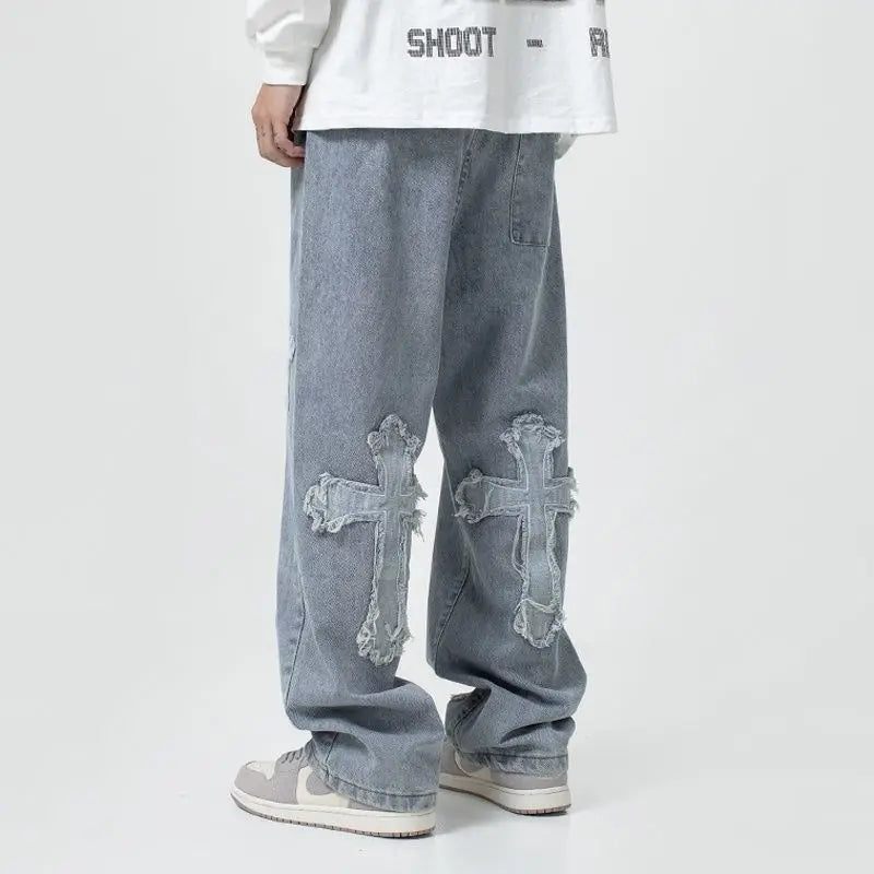 2025 new high street loose white cross jeans men's jeans Y2k loose pants loose cross design straight leg jeans men's