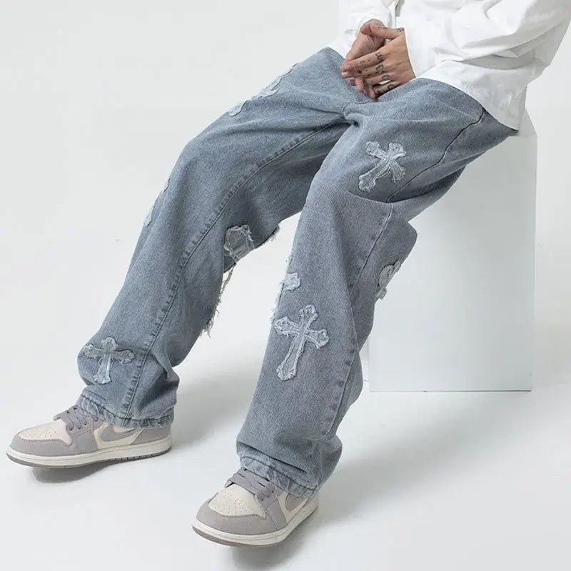 2025 new high street loose white cross jeans men's jeans Y2k loose pants loose cross design straight leg jeans men's