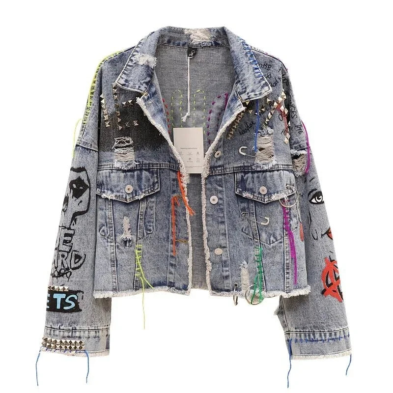 2025 Spring Autumn Women Street Fashion Graffiti Denim Jacket Female Short Frayed Raw Cut Rivet Jacket Fringe Jean Coat Outwear