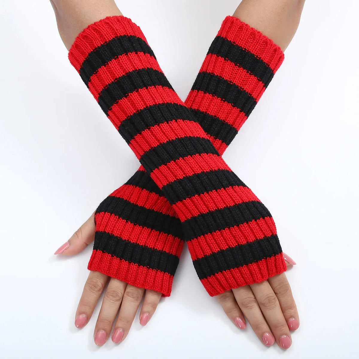 30cm Women's Fashionable Striped Fingerless Mittens Girls Long Knit Gloves for Warmth Winter Glove