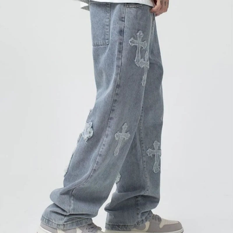 2025 new high street loose white cross jeans men's jeans Y2k loose pants loose cross design straight leg jeans men's