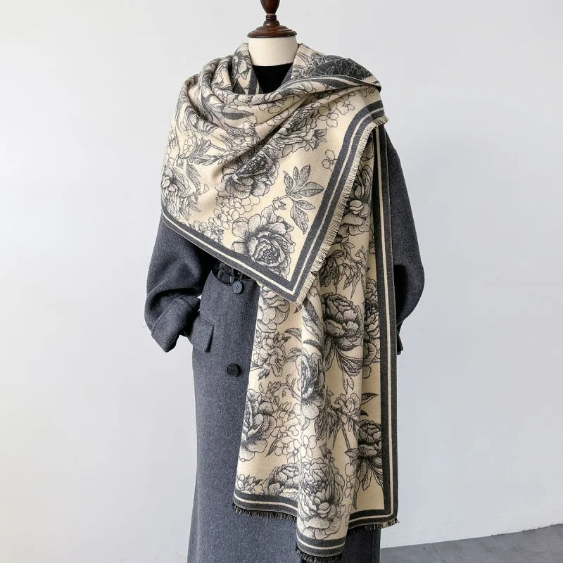 Spring Keep Warm Soft Wraps Advanced Sense Elegant Coat Outer Wear Shawl Fashion Scarf Peony Flower Long Adult Women's Scarf
