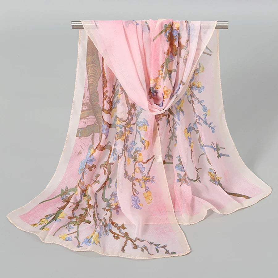 Plum Blossom Pattern Simulation Silk Scarf Women's Chiffon Scarf Long Gauze Scarf Sunscreen Shoulder Bag Headscarf