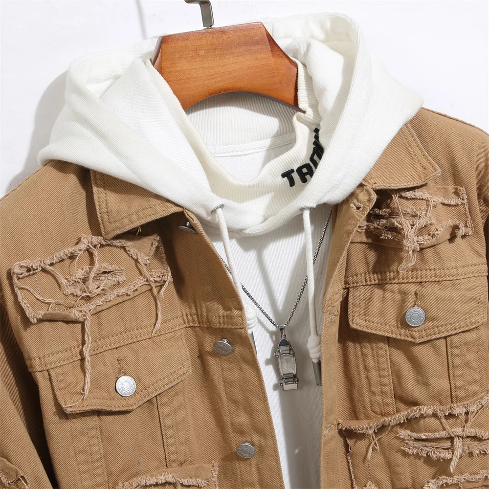 Men Stylish Vintage Hiphop Street Style Splicing Patch Slim Denim Jacket  Male Distressed Solid Motorcycle Denim Jacket Coat