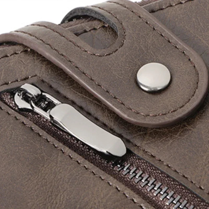 Classic Retro Men's Chain Wallet RFID Anti-Theft Men's Leather Wallet Double Zipper Coin Purse Credit Card Holder for Men