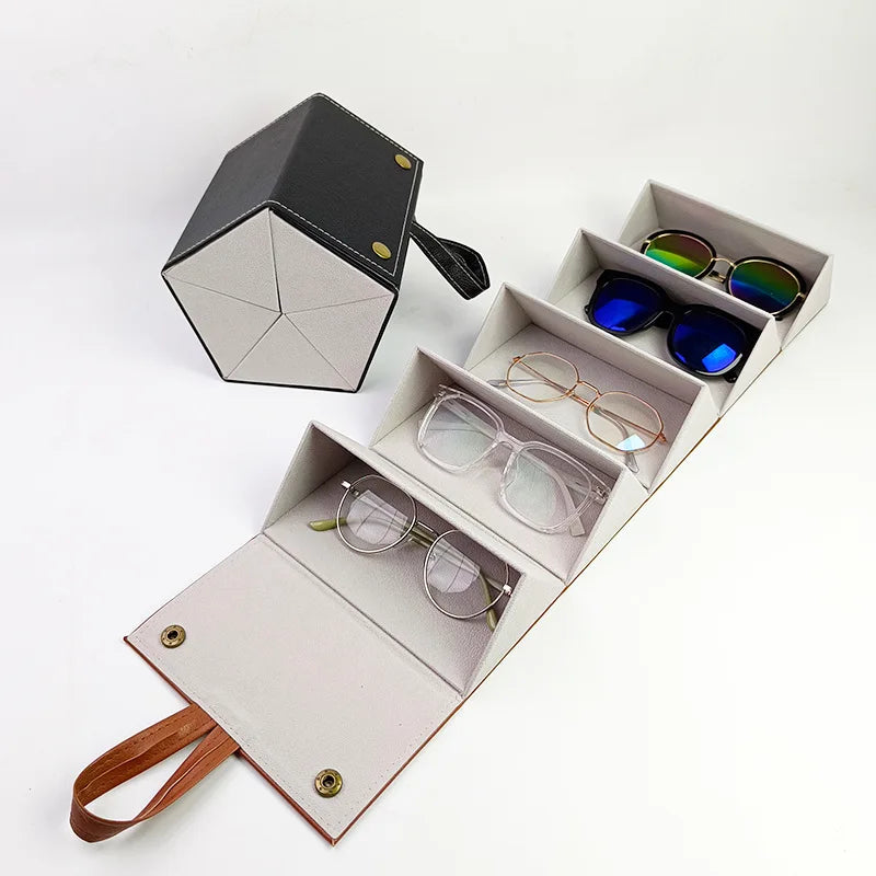 New Leather Multi-Grid Eyeglass Case - Foldable, Large Capacity for Sunglasses, Portable Eyewear Storage Box Glasses Case