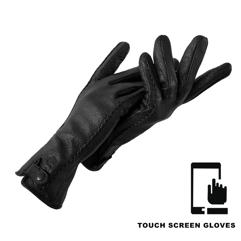New Women's Gloves Genuine Leather Winter Warm Fluff Woman Soft Female Rabbit Fur Lining Riveted Clasp High-quality Mittens