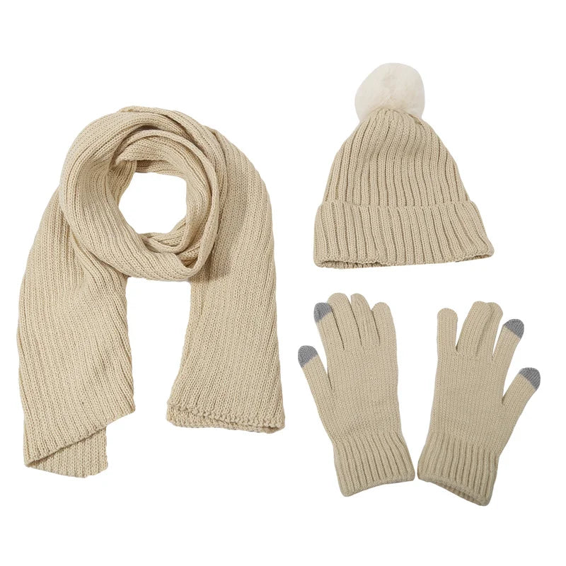 Unisex Black Hat Scarf Gloves 3pcs Set for Men Outdoor Warmer Scarf Hat Winter Women's Plush Beanie Cap
