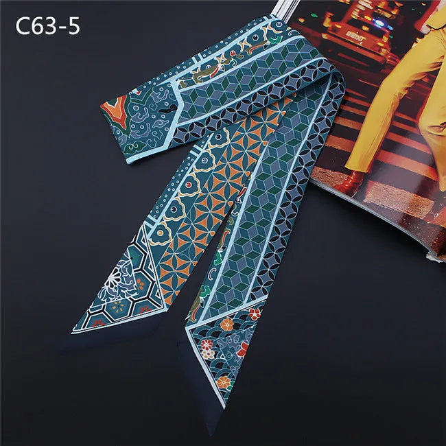 New Geometric Floral Print Silk Scarf Women Luxury Brand Scarf Bag Ribbons Fashion Head Scarf Small Long Skinny Scarves