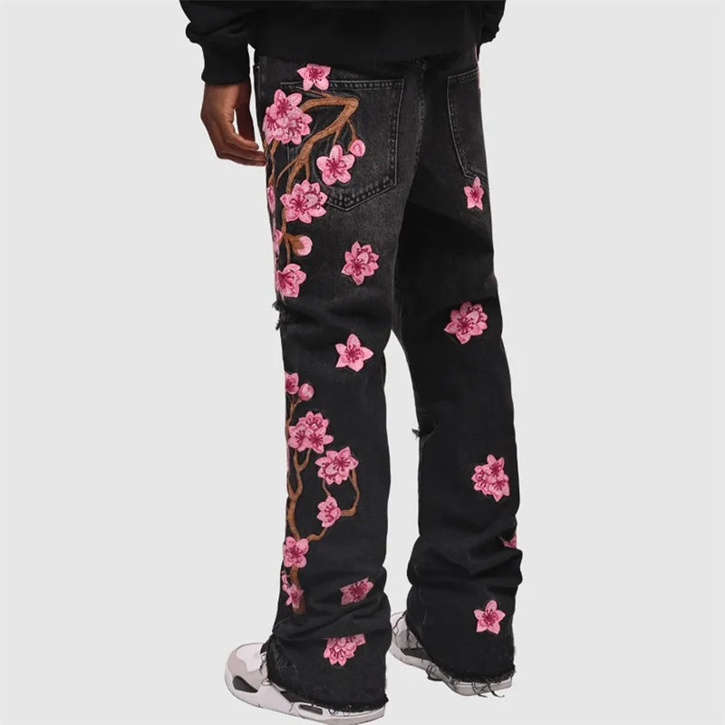 Men Fashion Denim Pants Jeans Floral Embroidery Ripped Jeans with Pockets Casual Trousers Vintage Streetwear