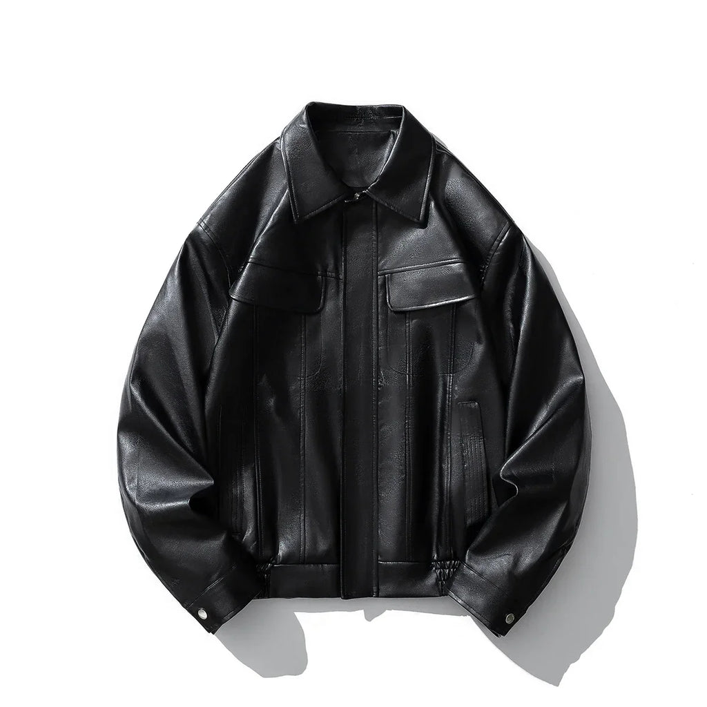 Men's Faux Leather Bomber Jacket Motorcycle Lapel Zip-Up Biker Coat Vintage Streetwear Black Brown Jacket