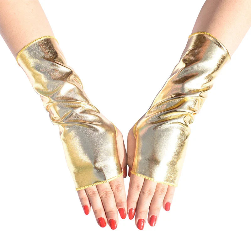 Unisex Gloves Sexy Etiquette Gloves Fake Leather Metallic Gloves Evening Party Performance Mittens Patent Leather Silver Gold