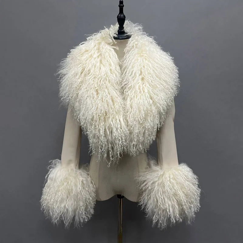 2025A Women's Genuine Leather Jacket Ladies Sheepskin Leather Jacket With Real Lamb Fur Collar Cuff FG40732
