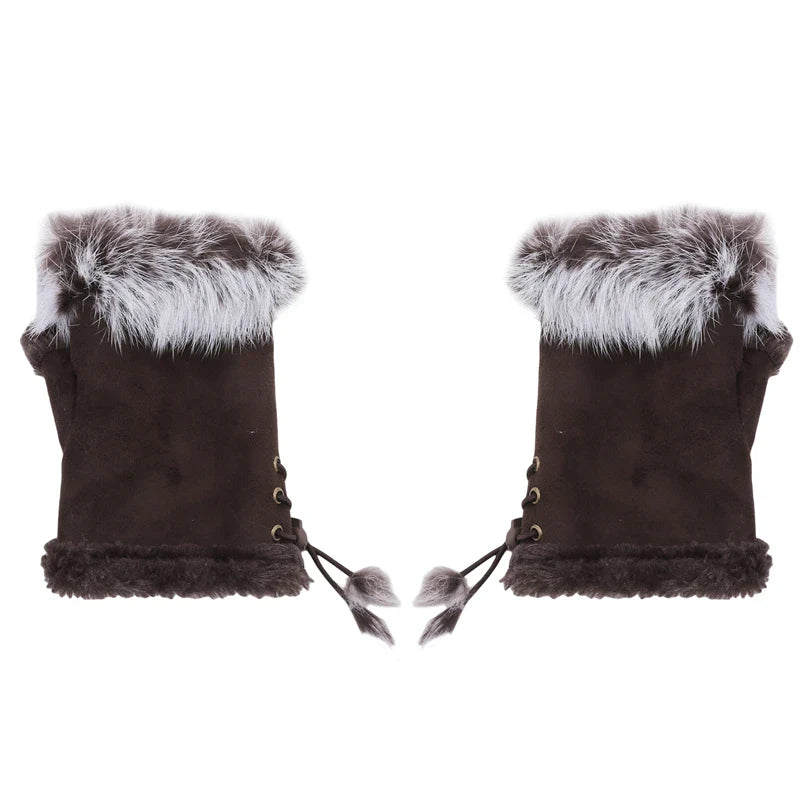 Artificial Rabbit Hair Wrist Gloves Women Suede Leather Warm Thick Gloves Female Fingerless Computer Typing Mittens Winter