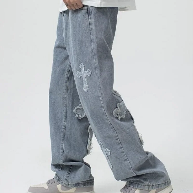 2025 new high street loose white cross jeans men's jeans Y2k loose pants loose cross design straight leg jeans men's