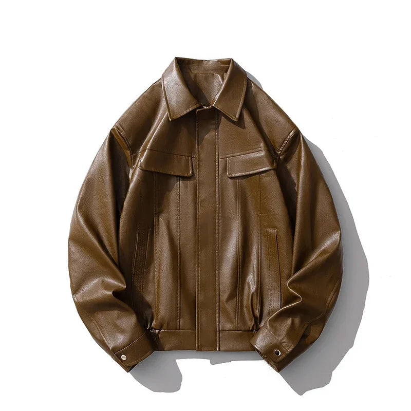Men's Faux Leather Bomber Jacket Motorcycle Lapel Zip-Up Biker Coat Vintage Streetwear Black Brown Jacket