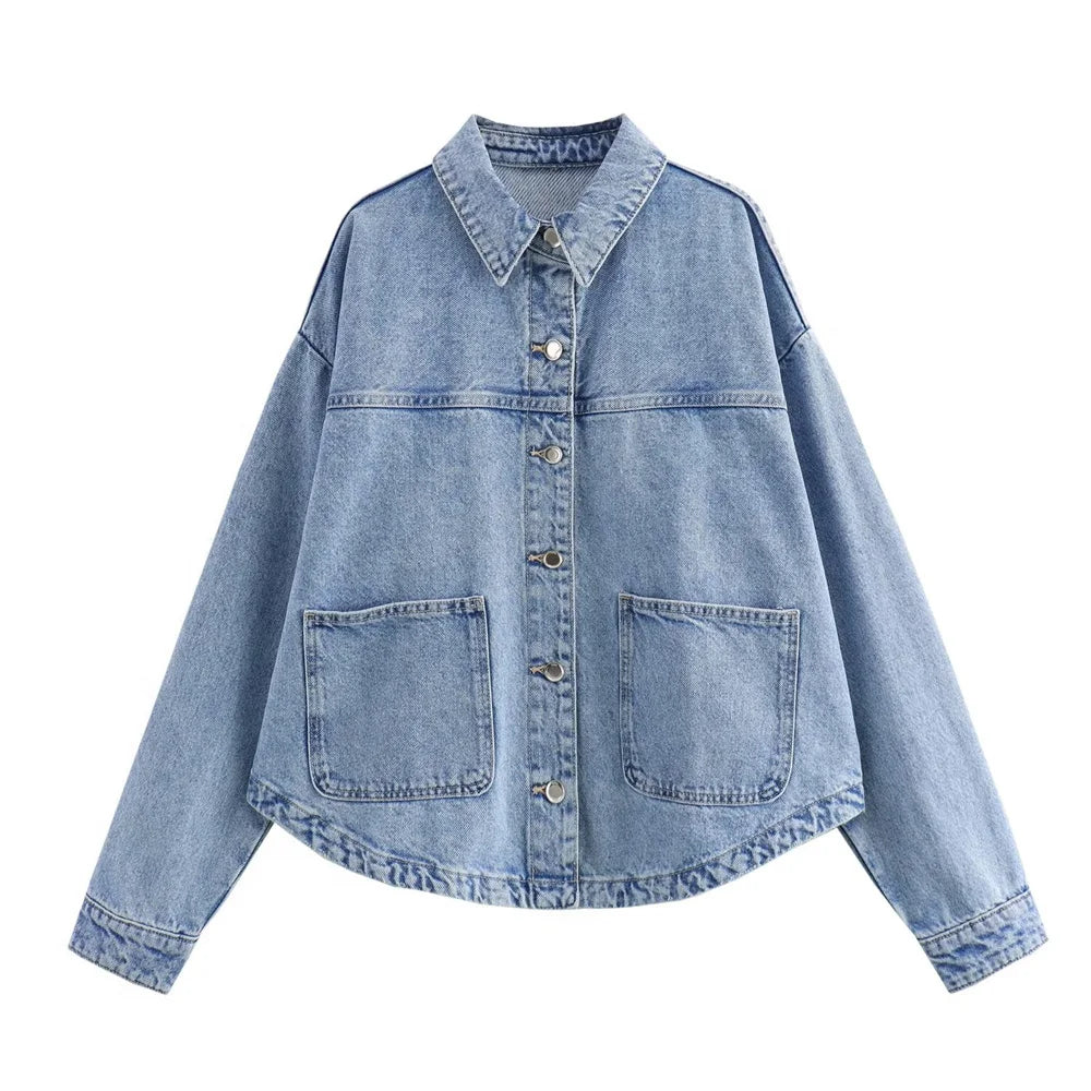 UNIZERA2024 Summer New Women's Loose Casual Polo Collar Long Sleeve Patch Bag Decoration denim jacket jacket