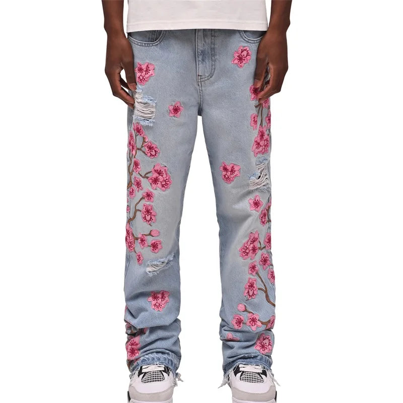 Men Fashion Denim Pants Jeans Floral Embroidery Ripped Jeans with Pockets Casual Trousers Vintage Streetwear