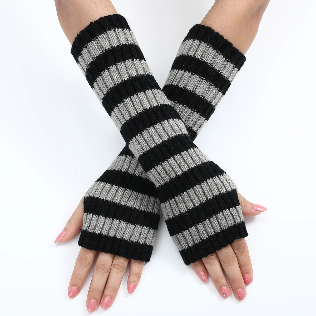 30cm Women's Fashionable Striped Fingerless Mittens Girls Long Knit Gloves for Warmth Winter Glove