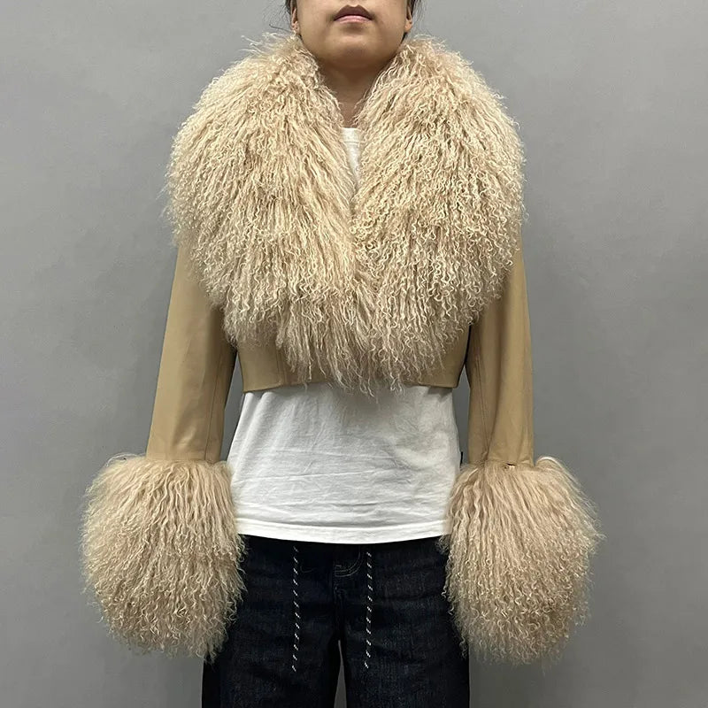 2025A Women's Genuine Leather Jacket Ladies Sheepskin Leather Jacket With Real Lamb Fur Collar Cuff FG40732