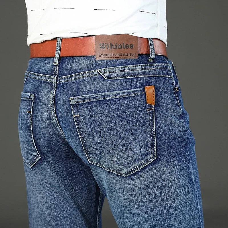 2024  Straight Regular Blue Stretch Denim Trousers Spring Autumn Men Classic Jeans Business Fashion Men's Smart Jeans
