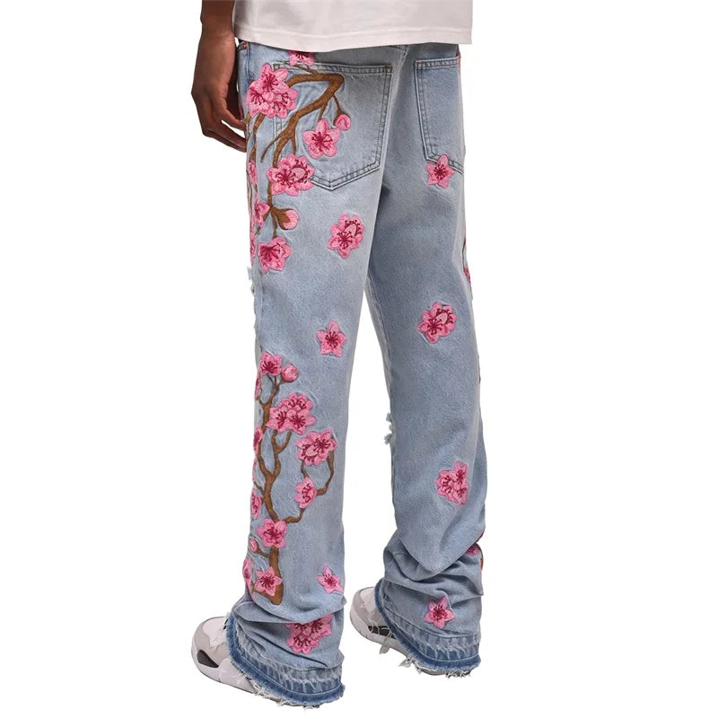 Men Fashion Denim Pants Jeans Floral Embroidery Ripped Jeans with Pockets Casual Trousers Vintage Streetwear