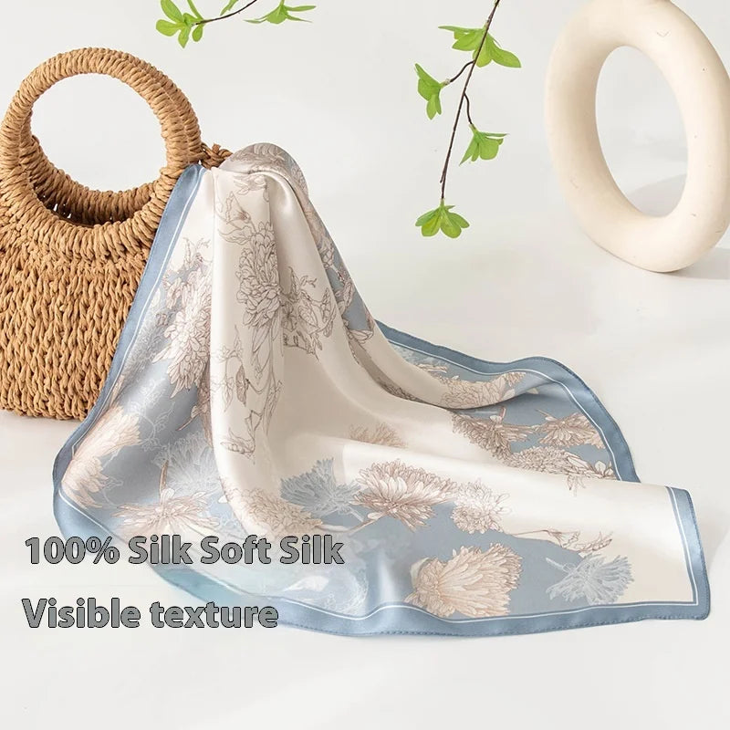 53Cm spring and summer new temperament women's 100% mulberry silk printed silk scarf fashion versatile high-end scarf shawl