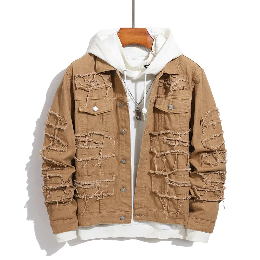 Men Stylish Vintage Hiphop Street Style Splicing Patch Slim Denim Jacket  Male Distressed Solid Motorcycle Denim Jacket Coat