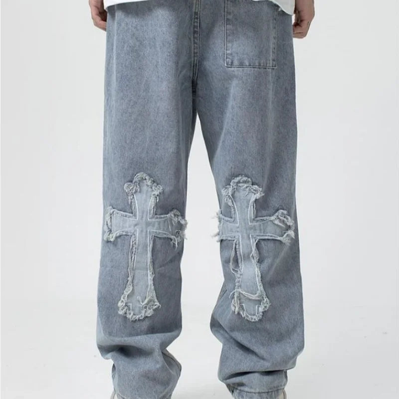 2025 new high street loose white cross jeans men's jeans Y2k loose pants loose cross design straight leg jeans men's