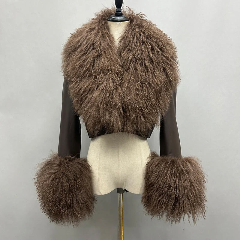 2025A Women's Genuine Leather Jacket Ladies Sheepskin Leather Jacket With Real Lamb Fur Collar Cuff FG40732