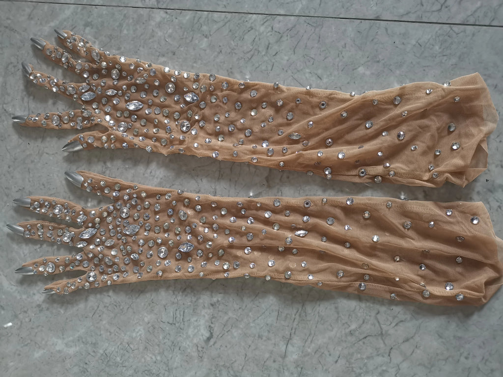 Luxurious Stretch Rhinestone Gloves Women Sparkling Crystal Mesh Long Perspective Gloves Dancer Singer Stage Wear Accessories