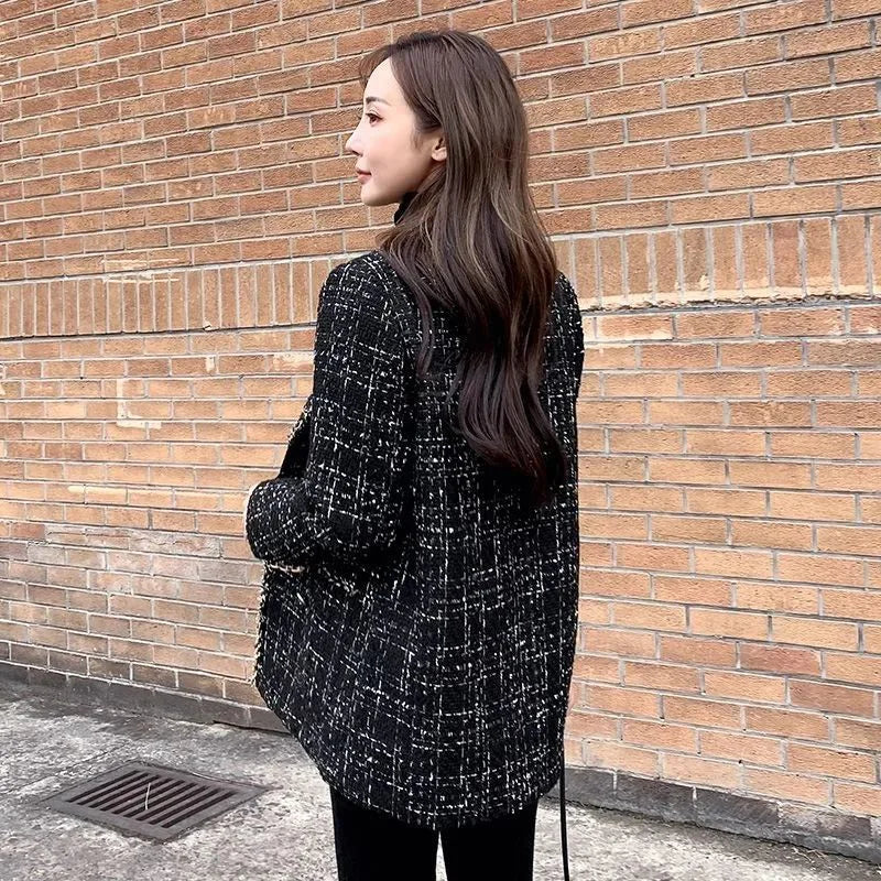 Plaid Tweed Blazer Jacket Woman Outerwear Winter Women's Coat 2024 Clothing Vintage Luxury Designer Clothes Fashion Coats Heavy