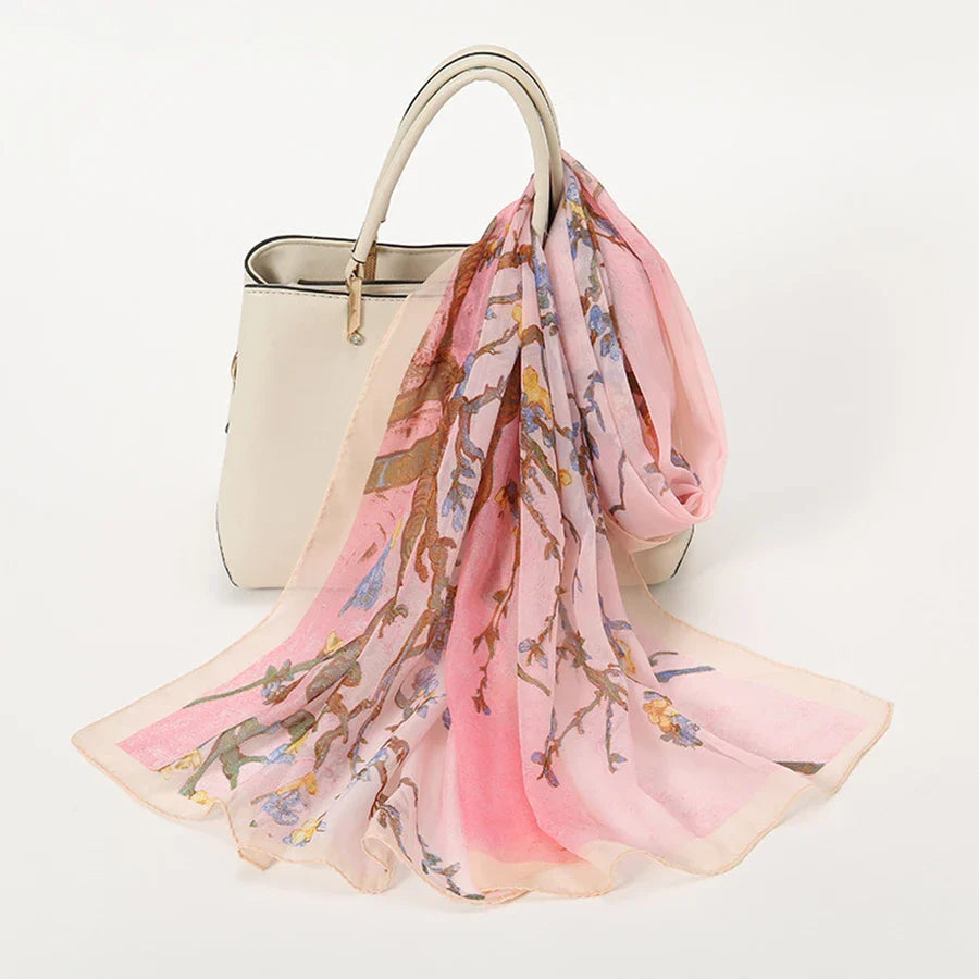 Plum Blossom Pattern Simulation Silk Scarf Women's Chiffon Scarf Long Gauze Scarf Sunscreen Shoulder Bag Headscarf