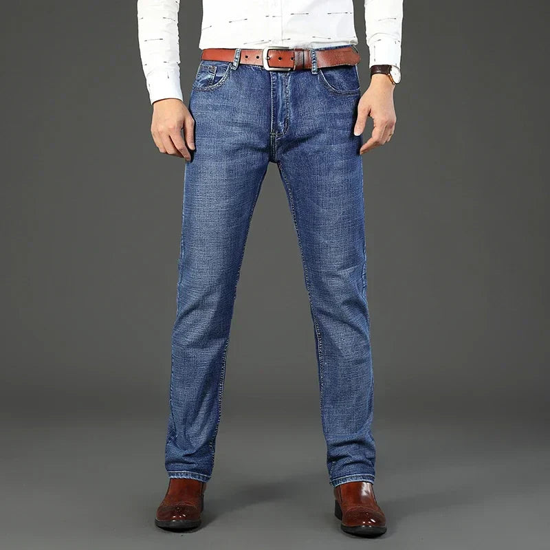 2024  Straight Regular Blue Stretch Denim Trousers Spring Autumn Men Classic Jeans Business Fashion Men's Smart Jeans
