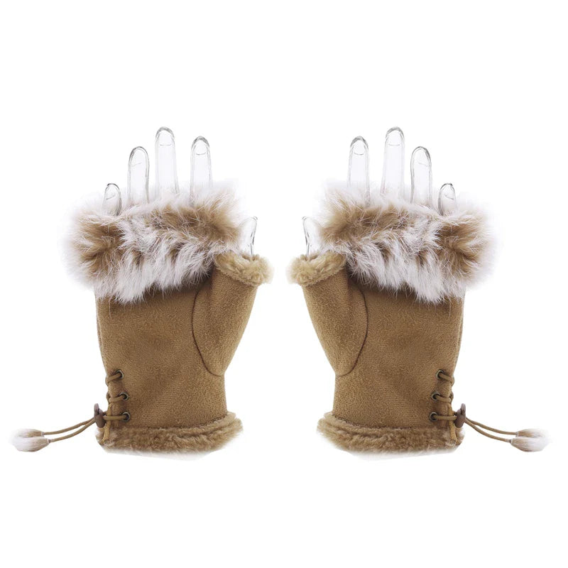 Artificial Rabbit Hair Wrist Gloves Women Suede Leather Warm Thick Gloves Female Fingerless Computer Typing Mittens Winter