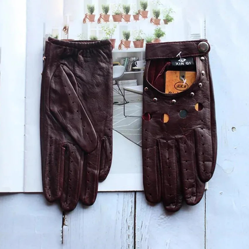 Goatskin Driving Driver Leather Gloves Women's Thin Outdoor Motorcycle Riding Fashion Hollow Rivet Spring Summer