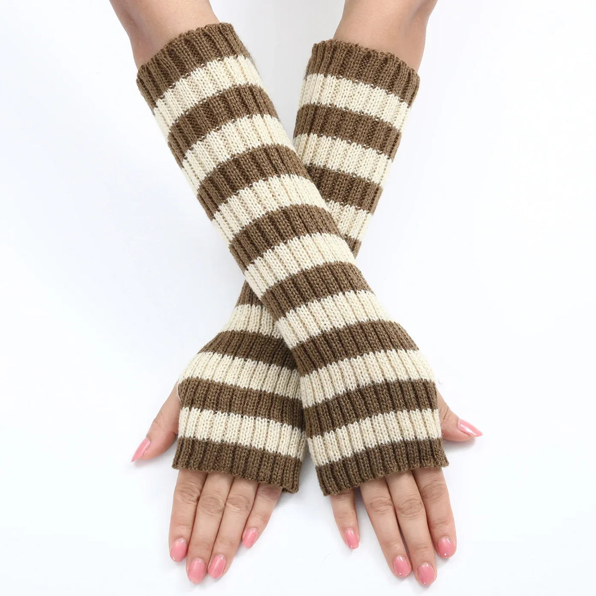 30cm Women's Fashionable Striped Fingerless Mittens Girls Long Knit Gloves for Warmth Winter Glove