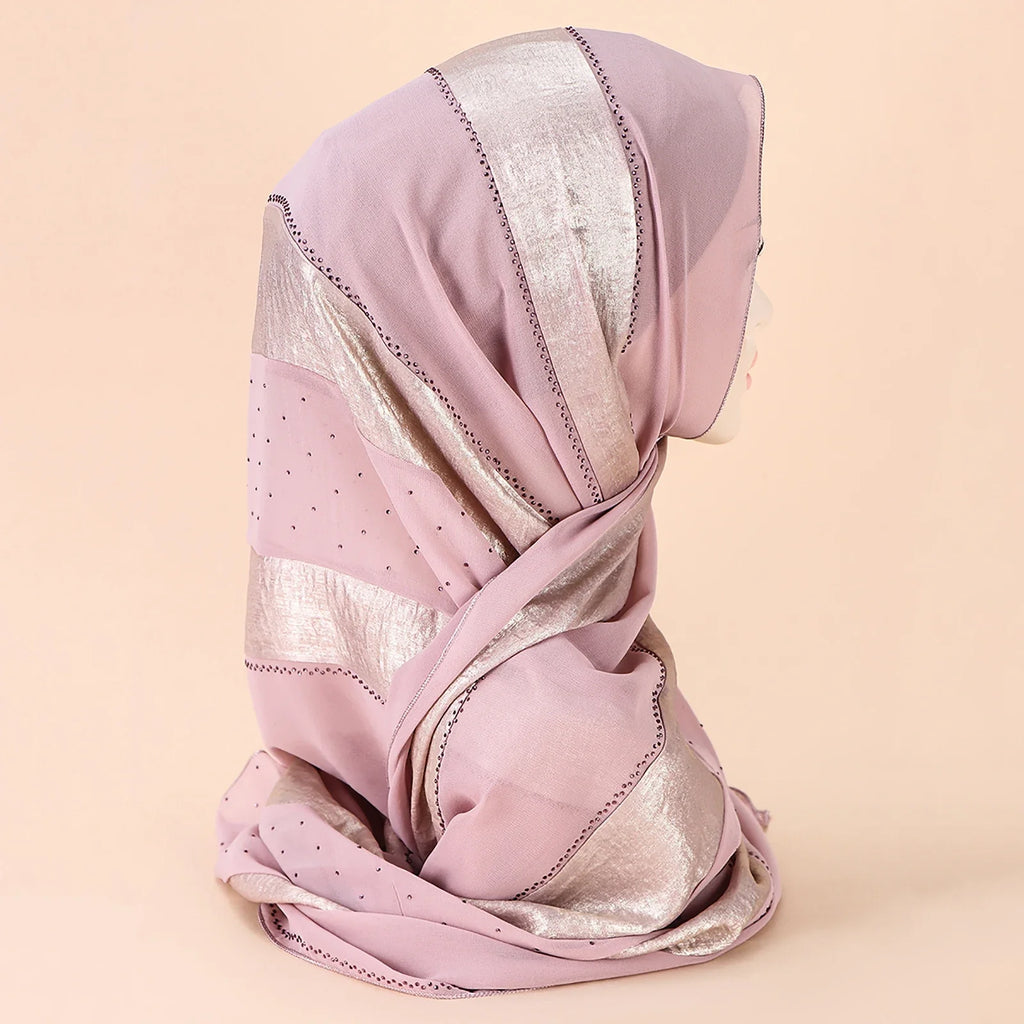 Middle Eastern New Gold Craft Fabric Splice Chiffon Handmade Diamond Decoration Versatile Muslim Women's Headband Scarf Hijab