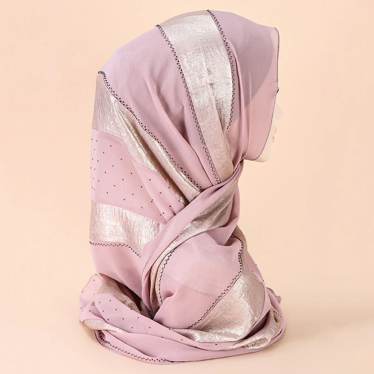 Middle Eastern New Gold Craft Fabric Splice Chiffon Handmade Diamond Decoration Versatile Muslim Women's Headband Scarf Hijab