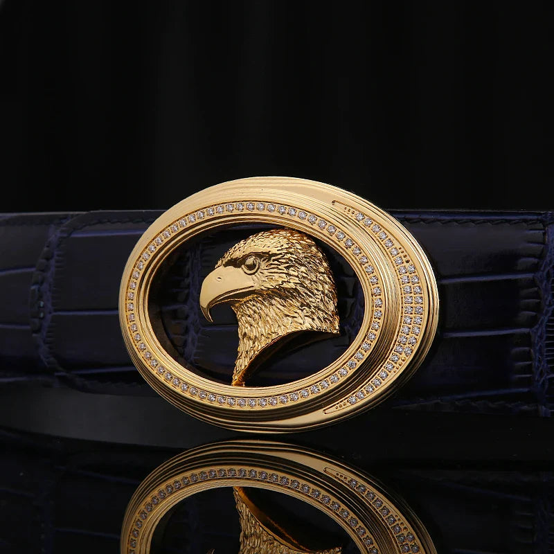 New stfenvilict men's belt cowhide trousers with steel buckle, eagle head, diamond inlaid belt, crocodile pattern, fashionable