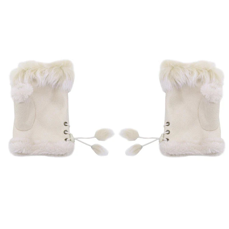 Artificial Rabbit Hair Wrist Gloves Women Suede Leather Warm Thick Gloves Female Fingerless Computer Typing Mittens Winter