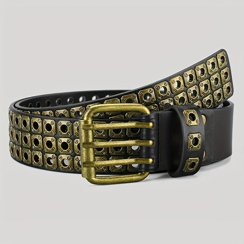 Retro Square Rivet Men'S Belt With Double Row Needle Buckle Women'S Belt Hip-Hop Rock Punk Y2k Style Jeans Men'S And Women'SBelt