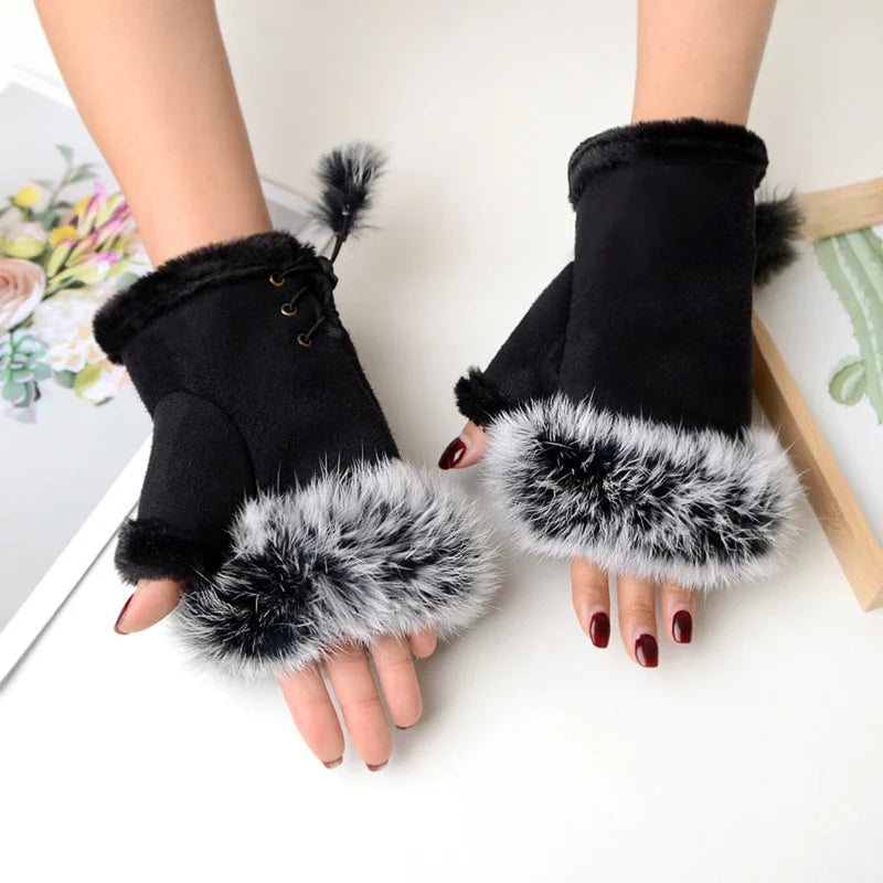 Artificial Rabbit Hair Wrist Gloves Women Suede Leather Warm Thick Gloves Female Fingerless Computer Typing Mittens Winter